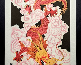 Red Dragon in Clouds, Original Art Print, Wall Hanging