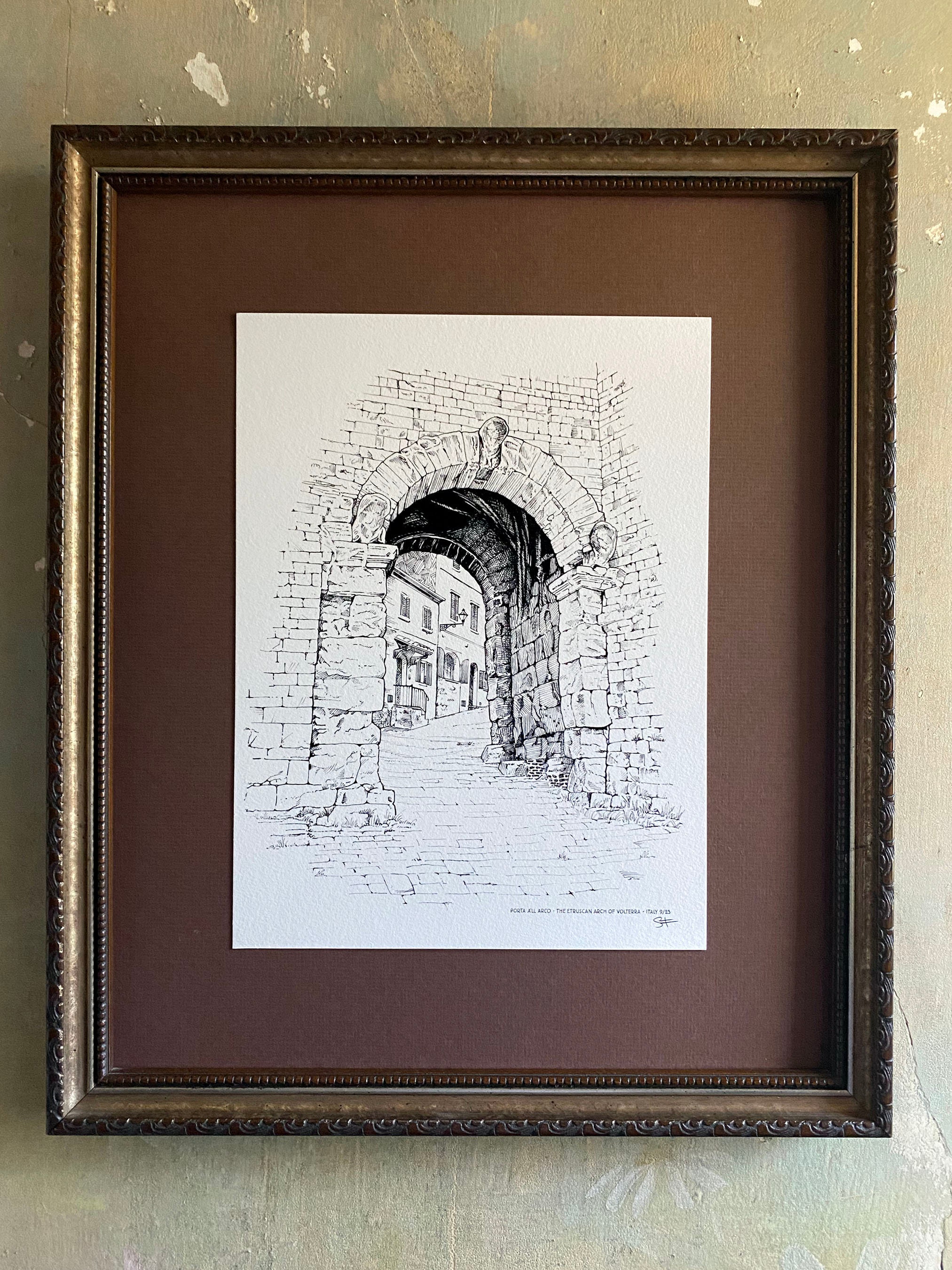 The Arch of Volterra, Italy, Original Pen and Ink Art Print, Wall