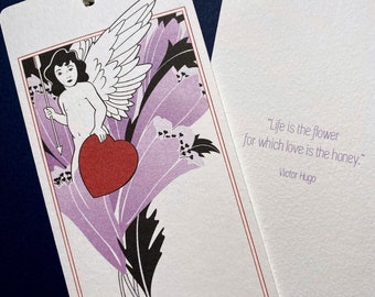 Art Nouveau Cupid with Heart Bookmark, 2-Sided with Victor Hugo Quote