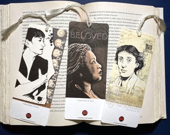 Legendary Women Authors Bookmarks, Set of 3 includes Virginia Woolf, Dorothy Parker, and Toni Morrison. Celebrate Women Authors!