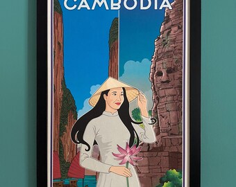 Vietnam Cambodia Travel Poster, Modern Deco 12 X 22 Art Print