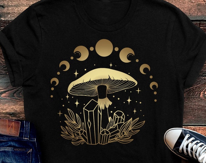 Mystical Witchy Shirt, Moon Phase Tee, Crystals and Mushrooms T-Shirt, Gift for Witch, Celestial TShirt, Witchy Clothing, Magic Mushroom Tee