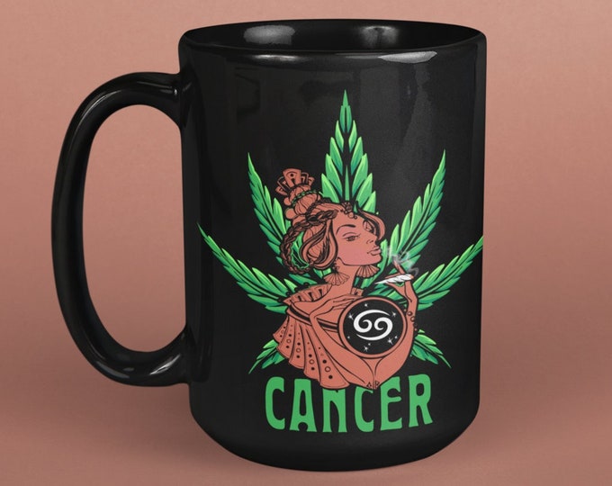 Personalized Cancer Cannabis Mug, Gift for Cancer, Marijuana Mug, Zodiac Pot Leaf, 420 Cancer Cup, Astrology Mug, Joint Smoke, Stoner Vibes