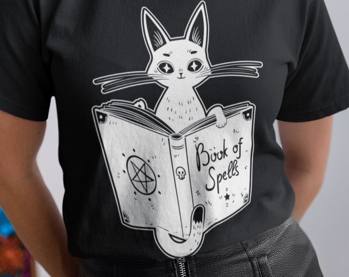 Witchy Book of Spells Cat Shirt, Gothic Tee, Witchcraft T-Shirt, Pagan Wicca T, Black Cat TShirt, Gift for Cat Lover, Witchy Clothing
