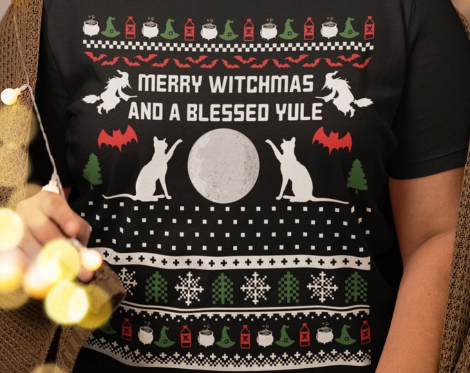 Merry Witchmas Ugly Sweater Shirt, Witchy Cat and Moon Tee, Witchy Christmas, Gift for Witch, Gothic Yule TShirt, Pagan Holiday T-Shirt