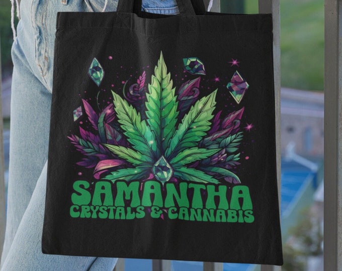 Crystals and Cannabis Tote Bag Energy and Spirituality Stoner Vibes Reusable Gift Marijuana Lovers Witchy Witchcraft Weed Personalized Gift