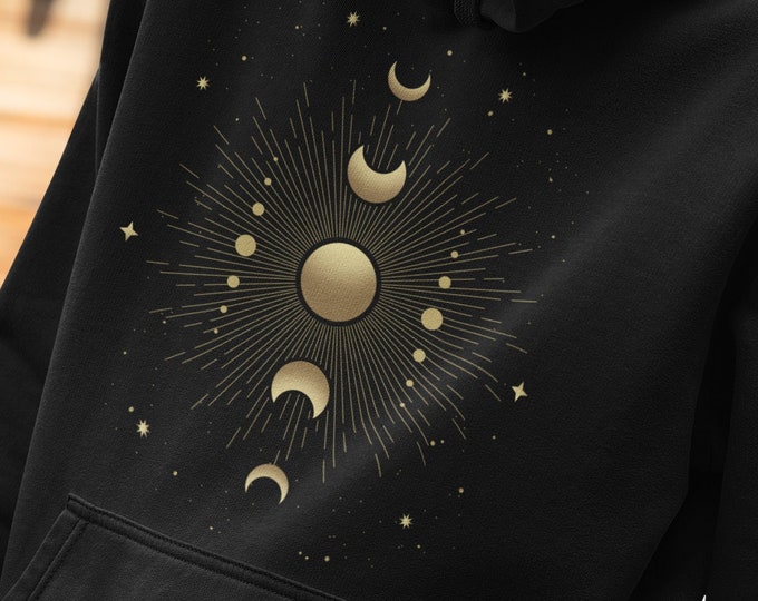 Moon Phase Starburst Hoodie, Witchy Sweater, Moon Phases Sweatshirt, Gift for Witch, Golden Moon Hoodie, Witchy Clothing, Moon Phases Gift