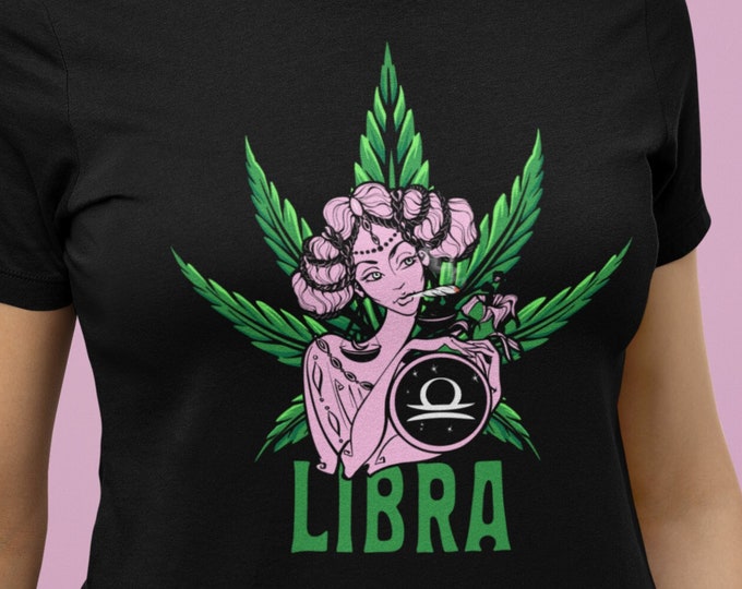 Women’s Libra Cannabis Black Cotton T-Shirt - Zodiac Sign & Marijuana Graphic Cotton Tee for Everyday Wear | Birthday Gift Idea for Libras