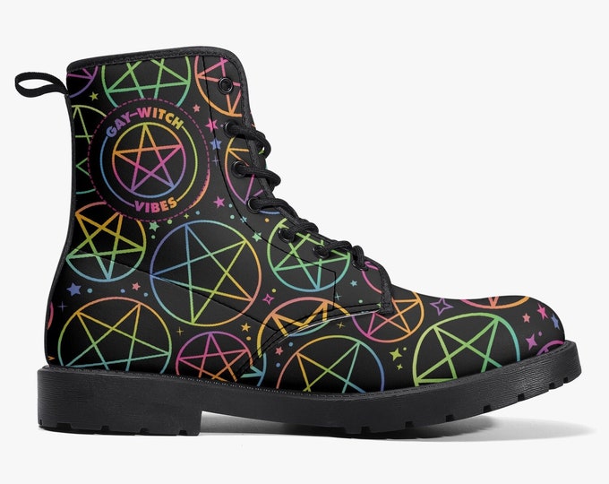Gay Witch Vibes Faux Leather Boots, Pride Shoes, Witch Aesthetic, Witchy LGBTQ, Pentagram Shoes, Combat Boots, Festival Wear, Custom Boots
