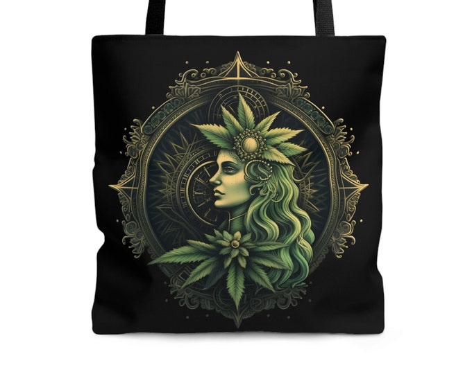 Cannabis Goddess Tote Bag Empowering Woman Mother Nature Enchanting Marijuana Leaves Design Stoner Vibes Weed Witch Green Reusable Grocery