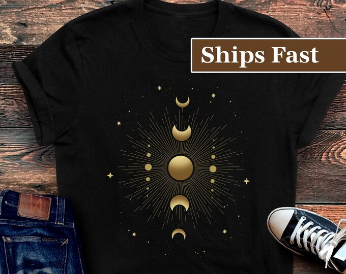 Moon Phase Starburst Shirt, Witchy Tee,  Moon Phases T-Shirt, Gift for Witch, Golden Moon TShirt, Witchy Clothing, Funny Witch Shirt