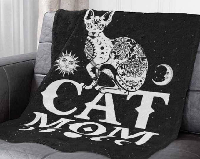 Personalized Gothic Cat Mom Blanket, Gift for Cat Lover, Witchy Cat Throw, Cat Mom Gift, Occult Blanket, Pet Blanket, Double Sided Blanket