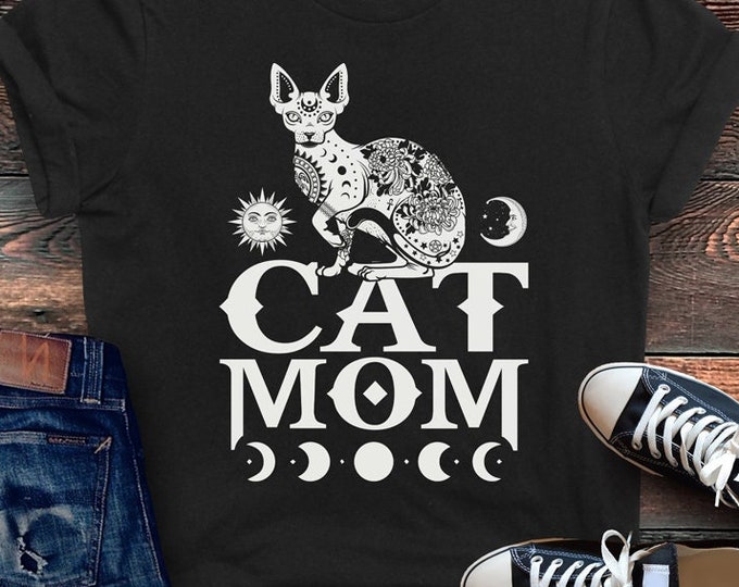 Gothic Cat Mom Shirt, Best Cat Mom, Witch Aesthetic, Moon Phases Cat TShirt, Black Cat Art, Goth Clothing, Occult T Shirt, Sphynx Cat Shirt