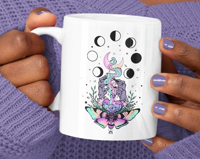 Personalized Witchy Moon Phase Mug, Witchy Mug, Witch Gift, Halloween Mug,  Watercolor Goth Coffee Mug, Cute Witchcraft Mug, Pastel Goth Mug