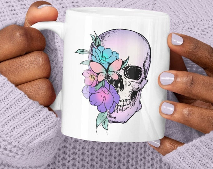 Personalized Floral Skull Coffee Mug, Witchy Mug, Witch Gift, Halloween Mug,  Pastel Goth Mug, Personalized Gift, Cute Witchcraft Mug