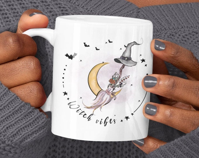 Personalized Witch Vibes Coffee Mug, Witchy Mug, Witch Gift, Halloween Mug, Moon and Broom Coffee Mug, Personalized Gift, Witchcraft Mug