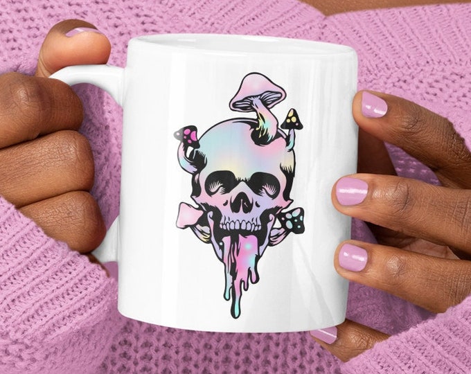 Personalized Mushroom Psychedelic Coffee Mug, Shroom Skull Mug, Halloween Mug, Funny Coffee Mug, Personalized Gift, Cute Pastel Goth Mug