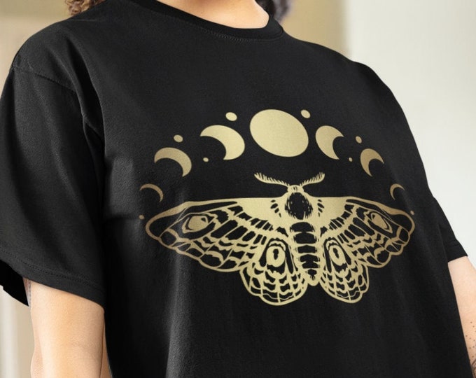 Golden Luna Moth Moon Phase Shirt, Witchy T-Shirt, Gift for Witch, Pagan Clothing, Witchcraft Tee, Goblincore, Dark Academia, Occult Wear
