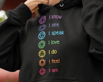 Seven Chakras, Chakra Hoodie, Meditation Sweatshirt, Yoga Sweater, Yoga Lover Gift, Spiritual Hoodie, Chakra Affirmation, Yoga Vibes Hoodie