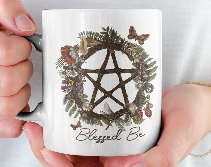 Personalized Blessed Be Pentacle Floral Mug, Witchy Mug, Gift for Witch, Witch Aesthetic, Wiccan Pagan, Pentagram Design, Witchy Coffee Mug