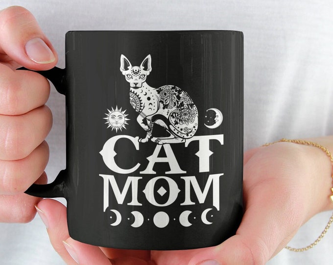 Personalized Gothic Cat Mom Mug, Best Cat Mom, Witch Aesthetic, Moon Phases Mug, Black Cat Art, Goth Gift, Cat Lover, Sphynx Cat Mug