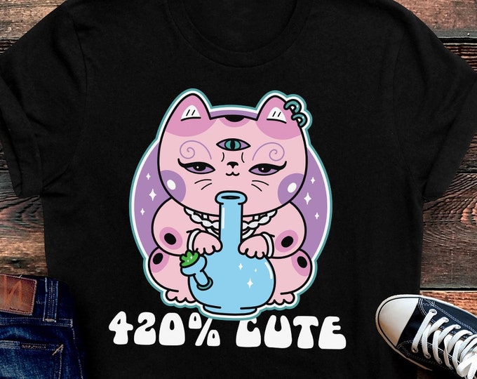 420 Pastel Goth Shirt, Cute Stoner Tee, Kawaii T-Shirt, Gift for Cannabis Lover, Cat Bong TShirt, Pastel Goth Clothing, Weed and Cat Tee