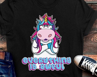 Everything is Awful Sarcastic Shirt, Naughty Unicorn Tee, Pastel Goth T-Shirt, Ironic Gift, Funny Pessimistic T, Counter Culture Apparel