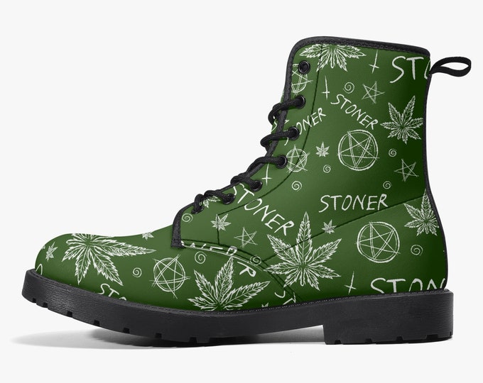 Green Stoner Cannabis Vegan Leather Boots, Marijuana Fashion, Pot Leaf Boots, Stoner Style, Combat Boots, Budtender Gift, Weed Culture