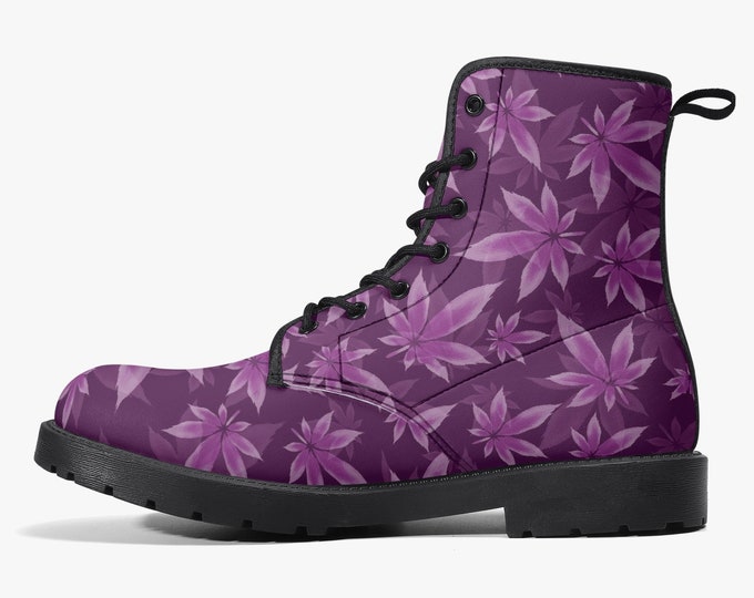 Purple Cannabis Vegan Leather Boots, Marijuana Fashion, Pot Leaf Boots, Stoner Style, Combat Boots, Budtender 420, Weed Culture, Stoner Gift