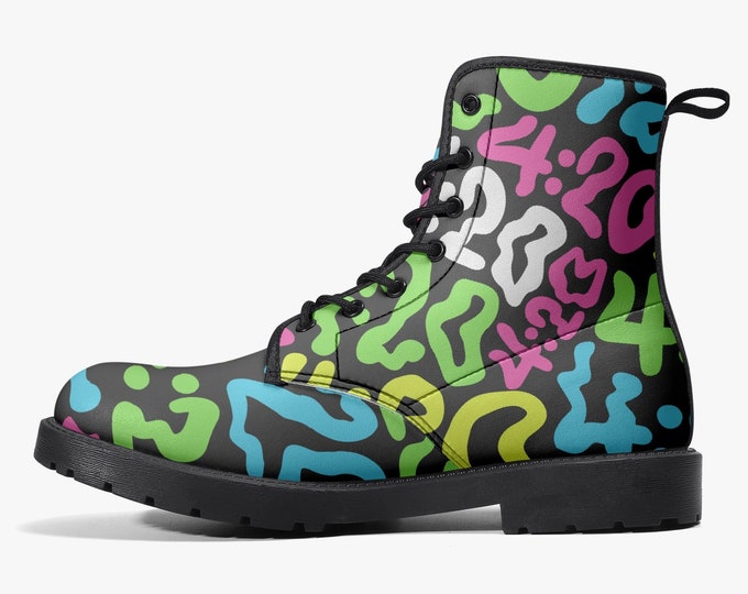 420 Psychedelic Vegan Leather Boots, Marijuana Fashion, Funky Boots, Stoner Style, Combat Boots, Budtender Kicks, Weed Culture, Stoner Gift