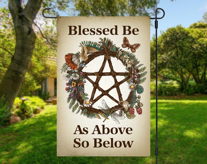 Witch Garden Flag, Blessed Be, Floral Pentagram, House Sign for Witch, Gift for Wiccan, Witch Decor, Pagan Decor, Pentacle Art, Witchy Flag