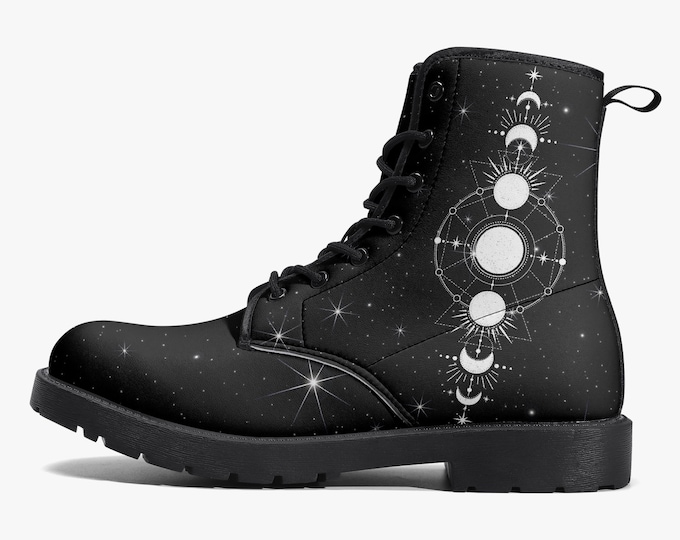 Moon Phase Vegan Leather Boots, Celestial Footwear, Witch Aesthetic, Witchy Boho, Gothic Style, Combat Boots, Festival Wear, Hippie Boots