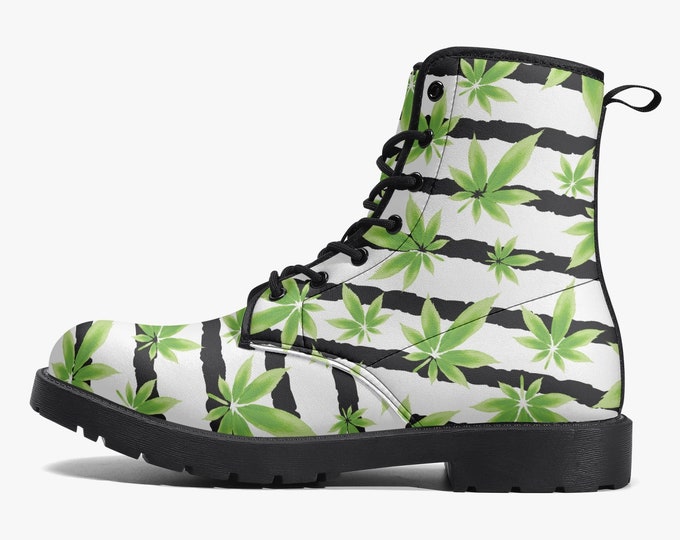 Striped Cannabis Vegan Leather Boots, Marijuana Fashion, Pot Leaf Boots, Stoner Style, Combat Boots, Budtender Gift, Weed Culture, Stoners