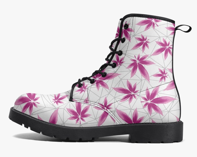 Pink Cannabis Vegan Leather Boots, Marijuana Fashion, Pot Leaf Boots, Stoner Style, Combat Boots, Budtender Kicks, Weed Culture, Stoner Gift