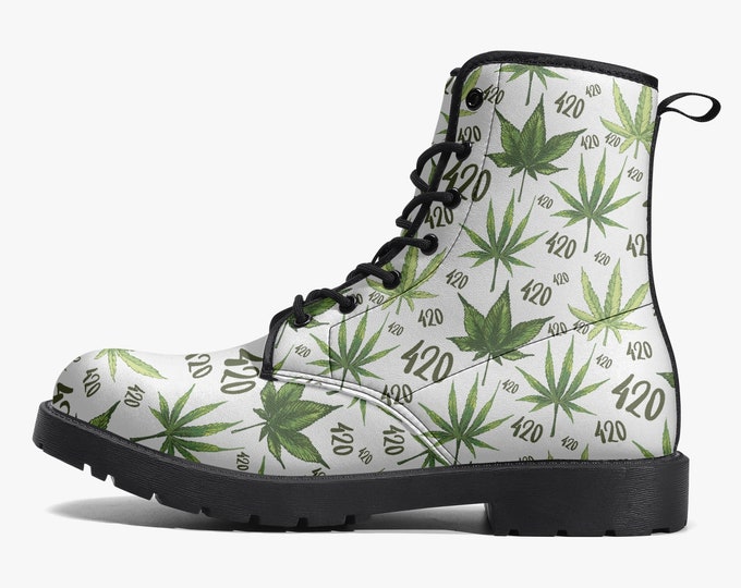 420 Cannabis Vegan Leather Boots, Marijuana Fashion, Pot Leaf Boots, Stoner Style, Combat Boots, Budtender Kicks, Weed Culture, Stoner Gift