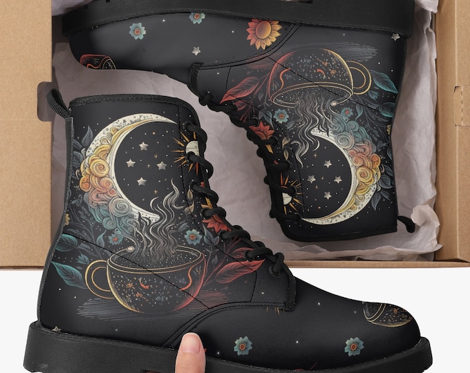 Celestial Moon Mug Leather Boots, Tea and Coffee Shoes, Witch Aesthetic, Witchy Boho, Moon Flower, Combat Boots, Teacup Gifts, Hippie Boots