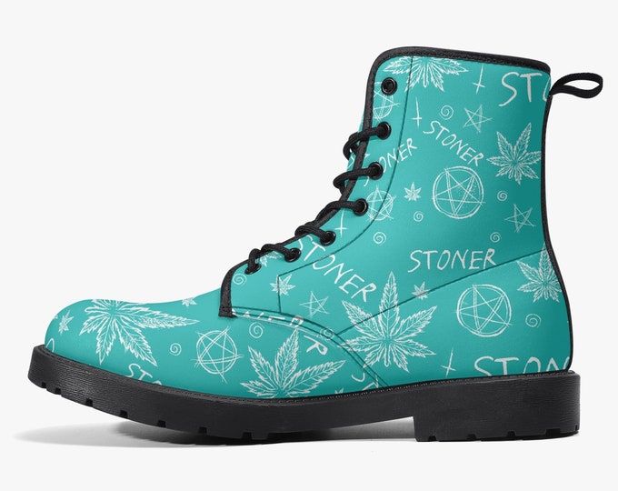 Teal Stoner Cannabis Vegan Leather Boots, Marijuana Fashion, Pot Leaf Boots, Stoner Style, Combat Boots, Budtender Gift, Weed Culture Custom
