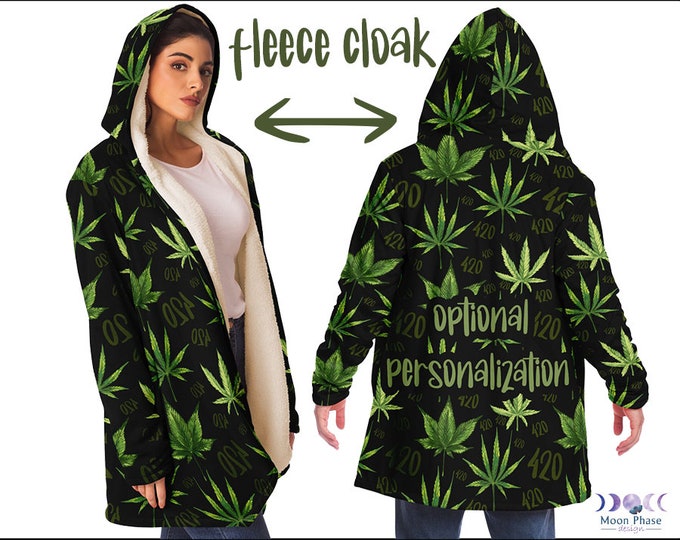 420 Weed Personalized Hooded Cloak Blanket Pockets Stoner Vibes Clothing Aesthetic Cannabis Marijuana Pot Leaf Rave Festival Hoodie Fleece