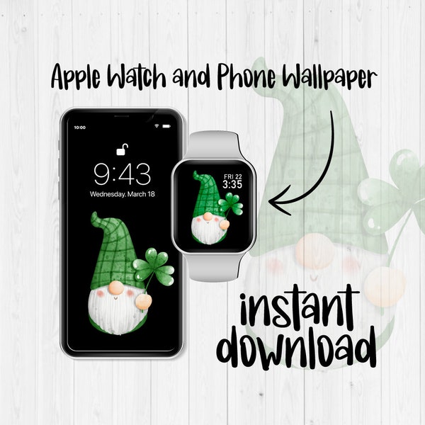 Apple Watch Wallpaper Clover Gnome, iPhone Background, Digital Download, St. Patrick's Day, iPhone Watch Face, iPhone Wallpaper, Smart Watch