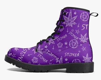 Purple Stoner Cannabis Vegan Leather Boots, Marijuana Fashion, Pot Leaf Boots, Stoner Style, Combat Boots, Budtender Gift, Weed Culture
