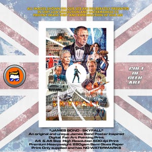 Puede incluir: Un póster con un collage de imágenes de la película de James Bond "Skyfall". La obra de arte incluye varias escenas y personajes de la película, con el título en un lugar destacado. El fondo muestra una bandera de la Union Jack.