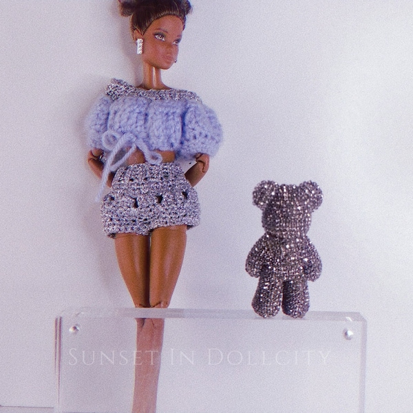 Crochet set Blue sweater and silver shorts for Barbie doll | Curvy Barbie