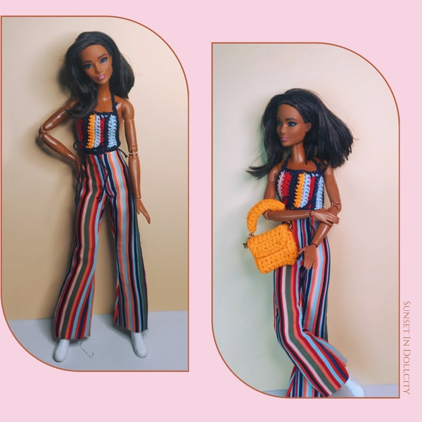 Tenue à rayure et sac en crochet miniature pour poupée Barbie | Curvy Barbie