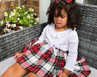 Handmade Red and White Tartan Girls Skirt – Christmas Photoshoot & Birthday Outfit - Baby girl New-born Christmas Day outfit