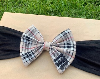 Easter Beige Tartan Hair Bow/ Personalised Baby Girl Black Headband/ Large Traditional Plaid/ Letter initial/ Birthday Party Hair Accessory/