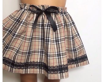 Handmade Easter Beige Tartan girls skirt/ baby girl clothes/ Custom Birthday party skirt/ Pretty Plaid/ Black Lace and bow/ Caramel/ Neutral