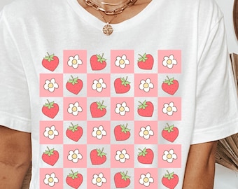 Checkered Strawberry T-Shirt, Cottagecore Farmers Market Shirt, Berry Flower Apparel, Summer Harverst Outfit, Boho Strawberries Graphic Tee
