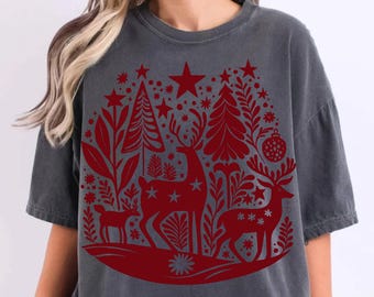 Comfort Colors Christmas Reindeer Shirt, Nordic Folk Art Tee, Scandinavian Block Print Deer T-Shirt, Holiday Woodland Deer Tshirt