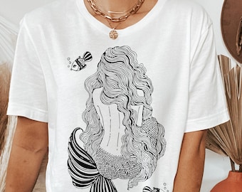Vintage Mermaid T-Shirt, La Sirena Art Tee, Sea Creature Shirt, Mermaid Block Print Outfit, Ocean Beach Apparel, Mythical Women Gift