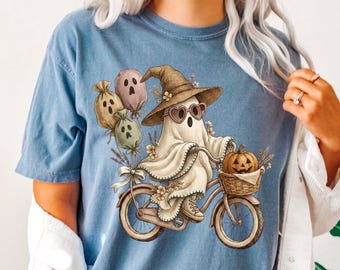 Ghost Riding Bike Shirt, Comfort Colors Halloween Bicycle T-Shirt, Spooky Cyclist Tee, Fall Witchy Ghost Apparel